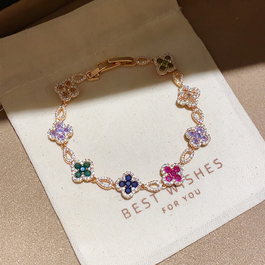 18K Gold Plated Zircon Clover Flower Bracelet with Minimalist Snap Clasp