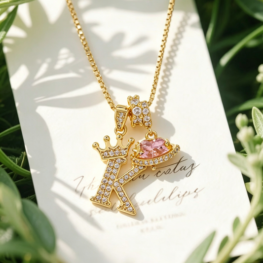 18k Gold Crown Initial Necklace with Diamond Accents & Preserved Flower Box