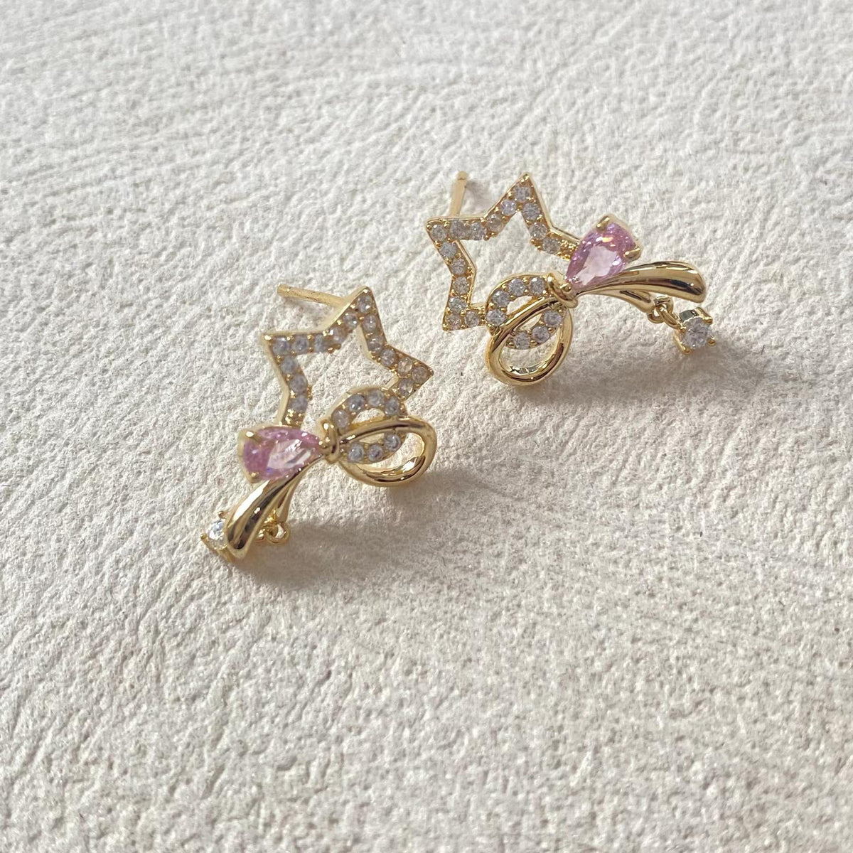 Sparkling Star Bow Stud Earrings – Gold-Tone Romantic Earrings with S925 Silver Posts