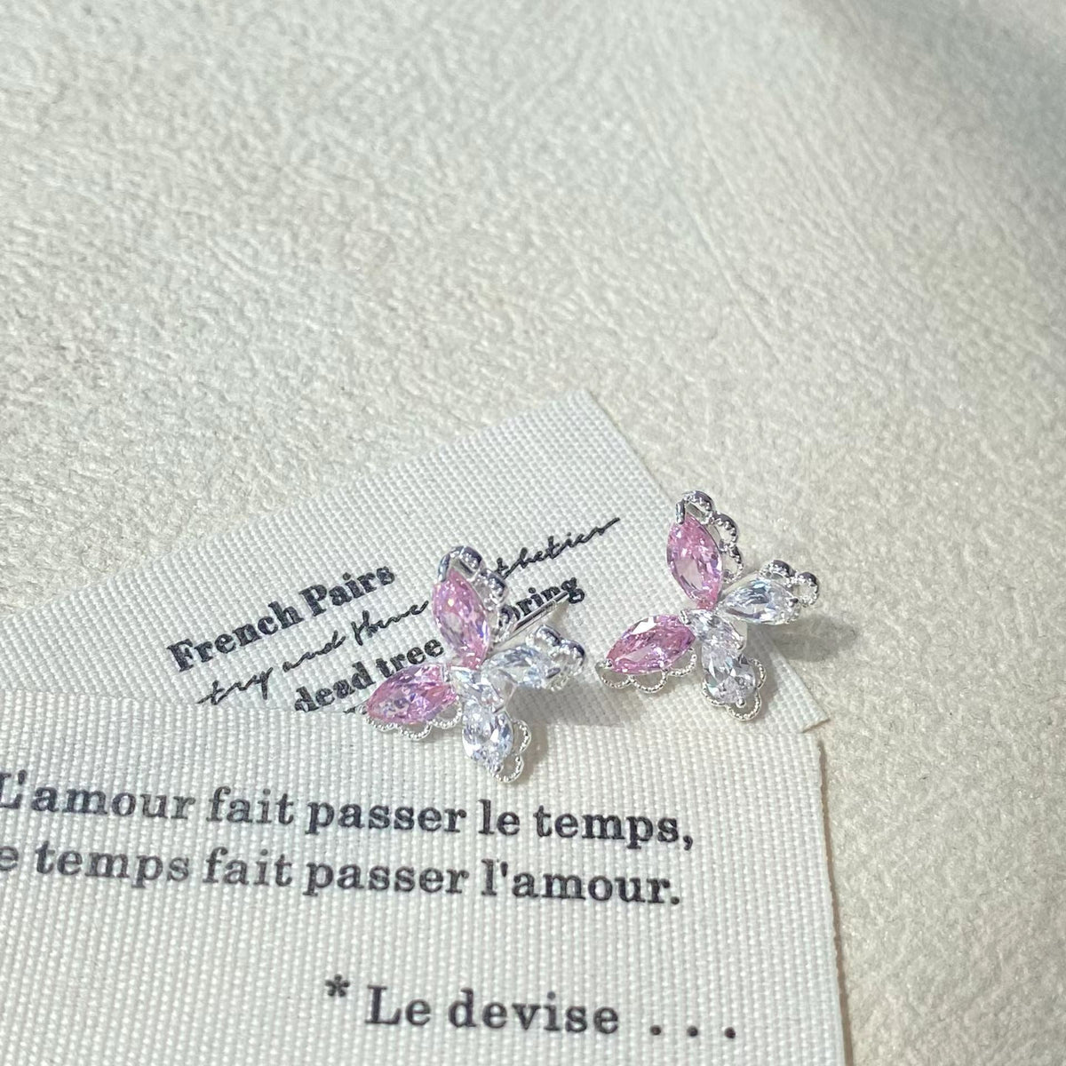 Pink Butterfly Stud Earrings – Silver-Tone Sparkling Earrings with S925 Silver Posts