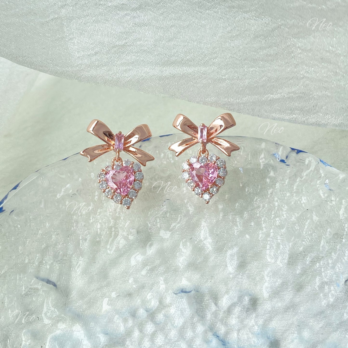 S925 Princess Energy Pink Heart Diamond Bow Earring