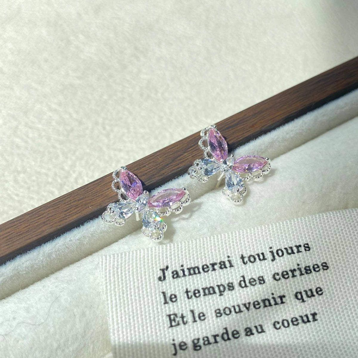 Pink Butterfly Stud Earrings – Silver-Tone Sparkling Earrings with S925 Silver Posts