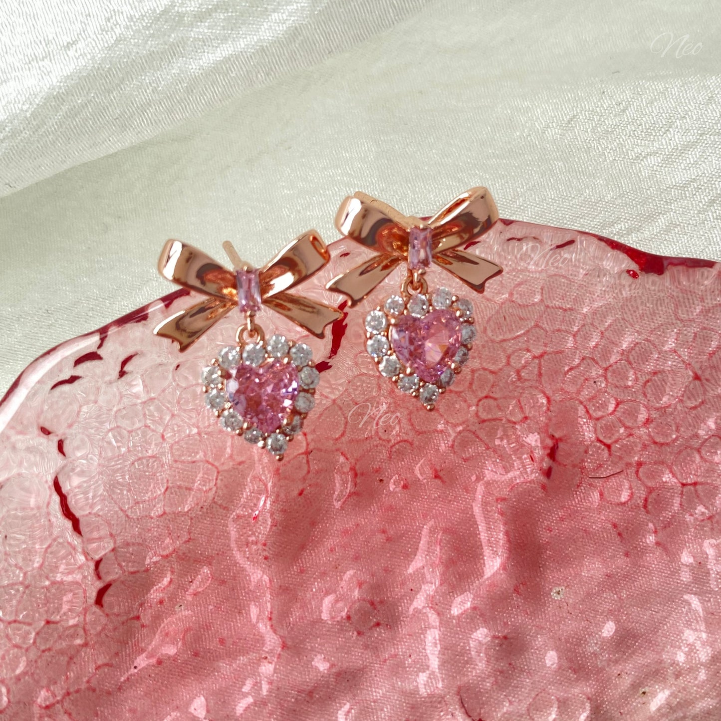 S925 Princess Energy Pink Heart Diamond Bow Earring
