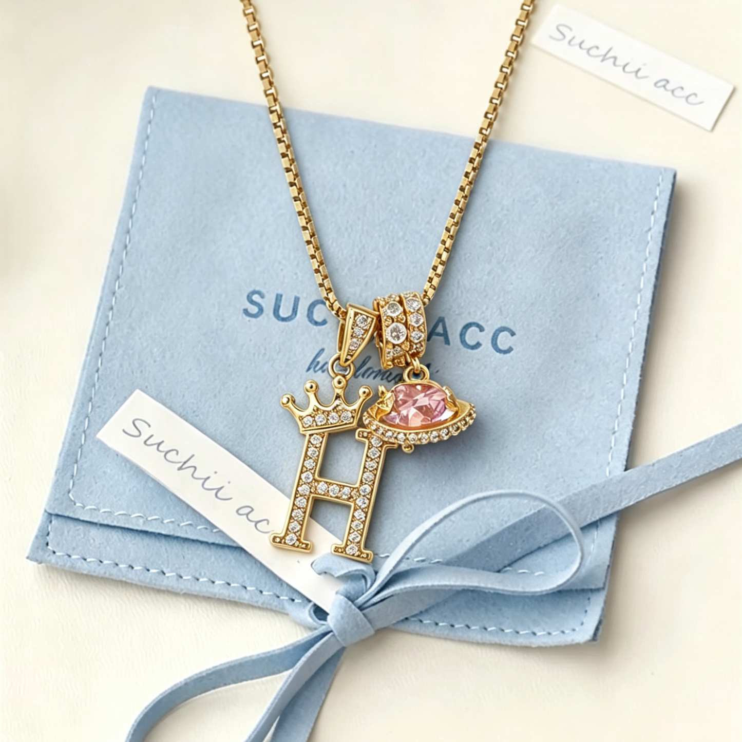 18k Gold Crown Initial Necklace with Diamond Accents & Preserved Flower Box