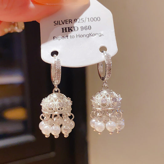 925 Silver Teardrop Tassel Diamond Inlaid Drop Earrings