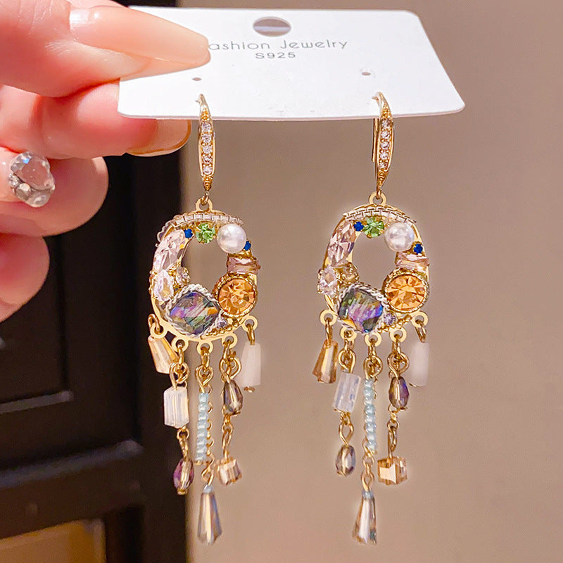 925 Silver Teardrop Tassel Diamond Inlaid Drop Earrings