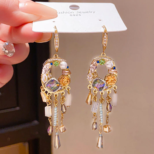 925 Silver Teardrop Tassel Diamond Inlaid Drop Earrings