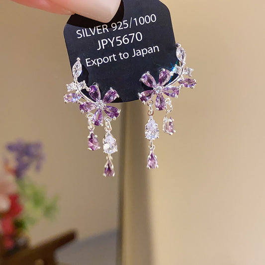 925 Silver Teardrop Tassel Diamond Inlaid Drop Earrings