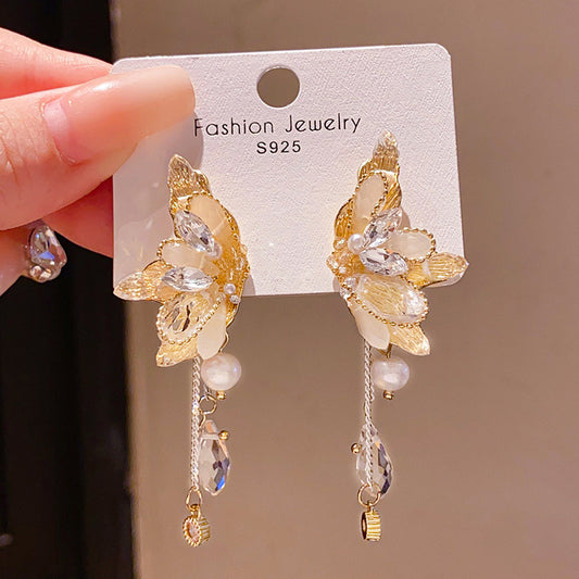 925 Silver Teardrop Tassel Diamond Inlaid Drop Earrings