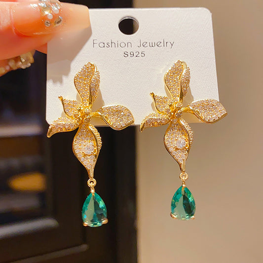 925 Silver Teardrop Tassel Diamond Inlaid Drop Earrings